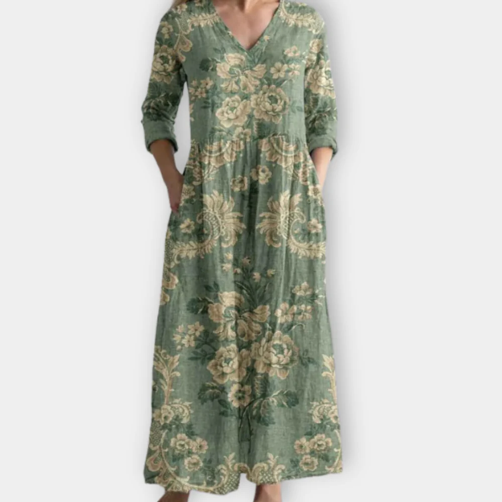Perle - Stilvolles Baumwoll-Blumenkleid mit V-Ausschnitt
