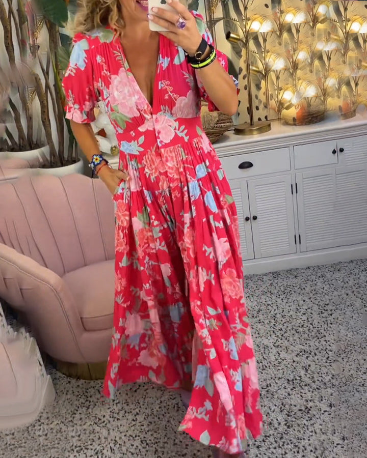 Reagan Maxi-Blumenkleid mit kurzen Ärmeln und V-Ausschnitt