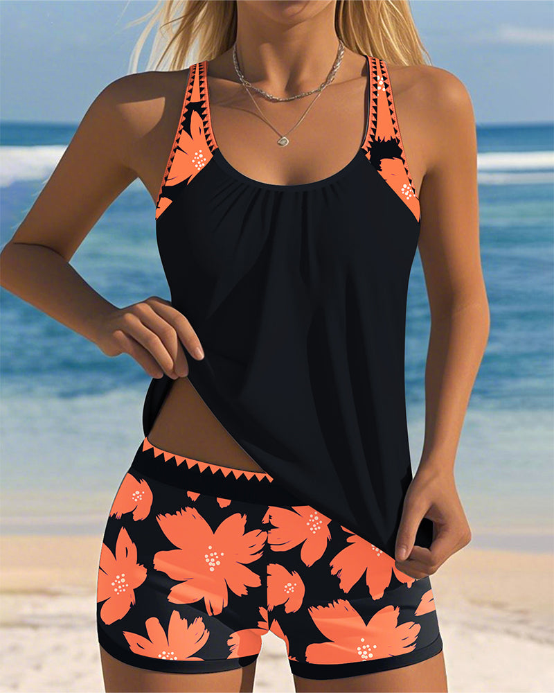 Ärmelloser Tankini mit U-Ausschnitt und Boxer-Muster