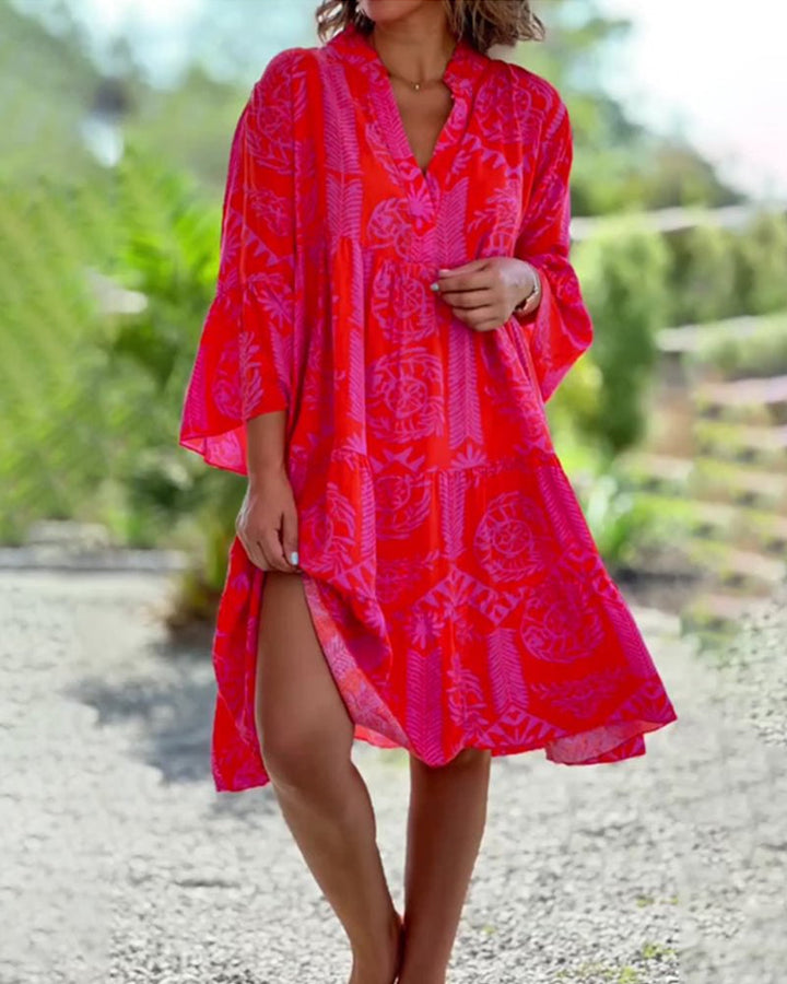 Skylar - Elegantes V-Ausschnitt-Kleid mit 3/4-Ärmeln und Rüschensaum