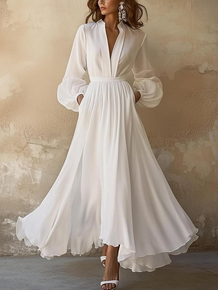 Vintage-Style V-Ausschnitt Maxikleid in Weiß - Laura