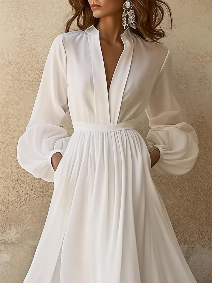 Vintage-Style V-Ausschnitt Maxikleid in Weiß - Laura