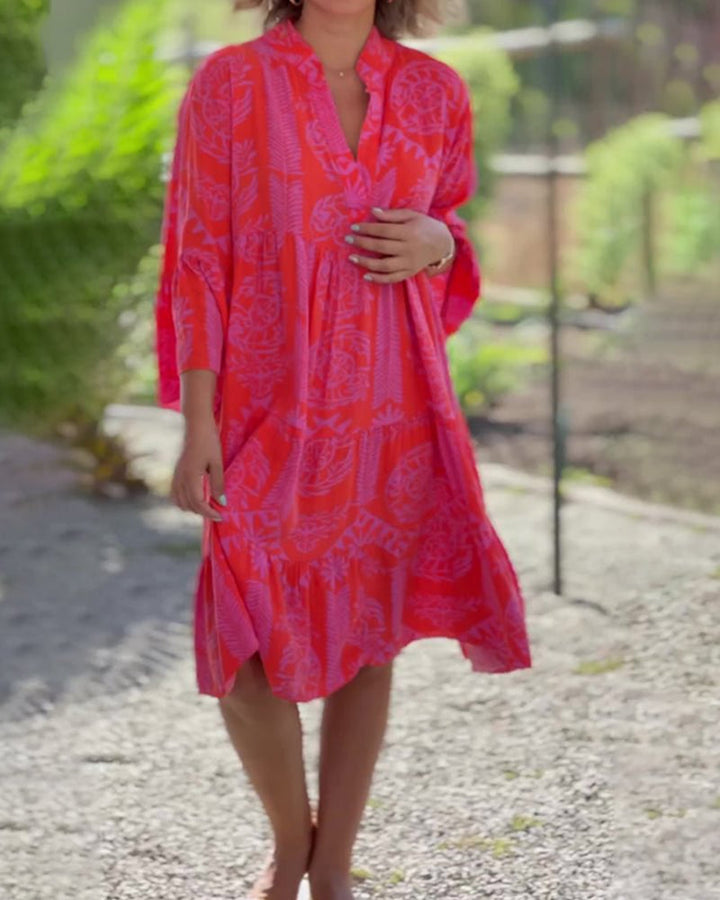 Skylar - Elegantes V-Ausschnitt-Kleid mit 3/4-Ärmeln und Rüschensaum