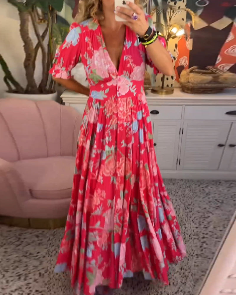 Reagan Maxi-Blumenkleid mit kurzen Ärmeln und V-Ausschnitt