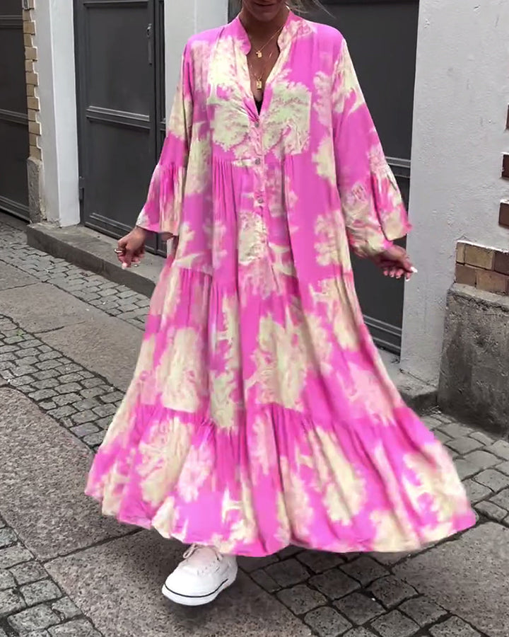 Giavanna - Lange bedruckte Kleid mit weit ausgestellten Ärmeln