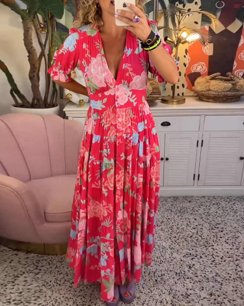 Reagan Maxi-Blumenkleid mit kurzen Ärmeln und V-Ausschnitt