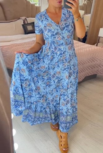 Ellie - Elegantes plissiertes V-Ausschnittkleid mit floralem Design