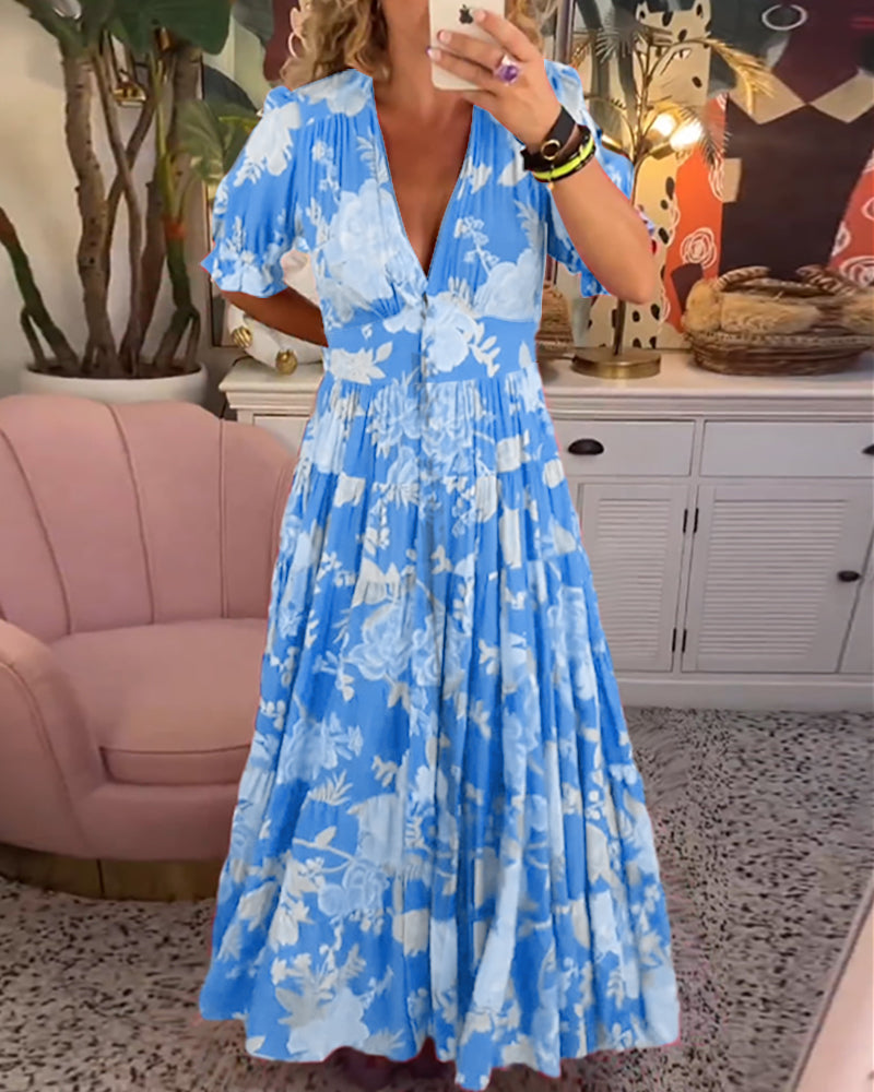 Reagan Maxi-Blumenkleid mit kurzen Ärmeln und V-Ausschnitt