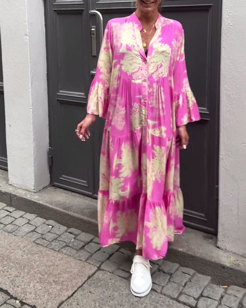 Giavanna - Lange bedruckte Kleid mit weit ausgestellten Ärmeln