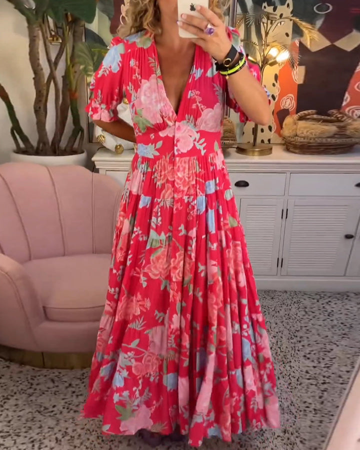 Reagan Maxi-Blumenkleid mit kurzen Ärmeln und V-Ausschnitt