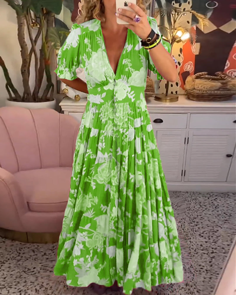 Reagan Maxi-Blumenkleid mit kurzen Ärmeln und V-Ausschnitt
