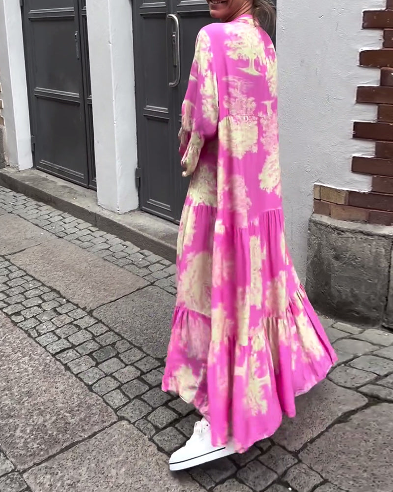 Giavanna - Lange bedruckte Kleid mit weit ausgestellten Ärmeln