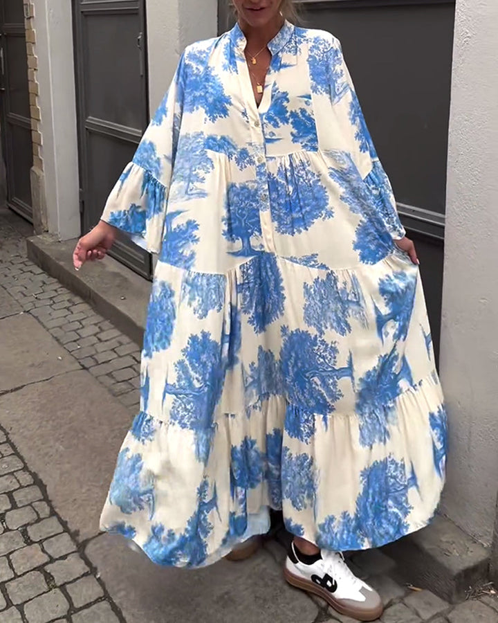 Giavanna - Lange bedruckte Kleid mit weit ausgestellten Ärmeln