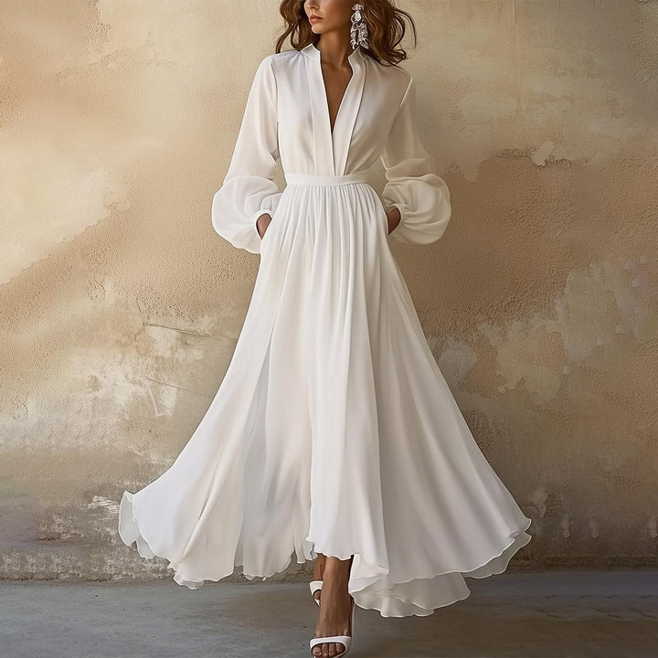 Vintage-Style V-Ausschnitt Maxikleid in Weiß - Laura