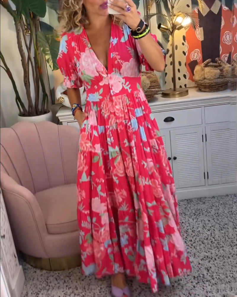 Reagan Maxi-Blumenkleid mit kurzen Ärmeln und V-Ausschnitt