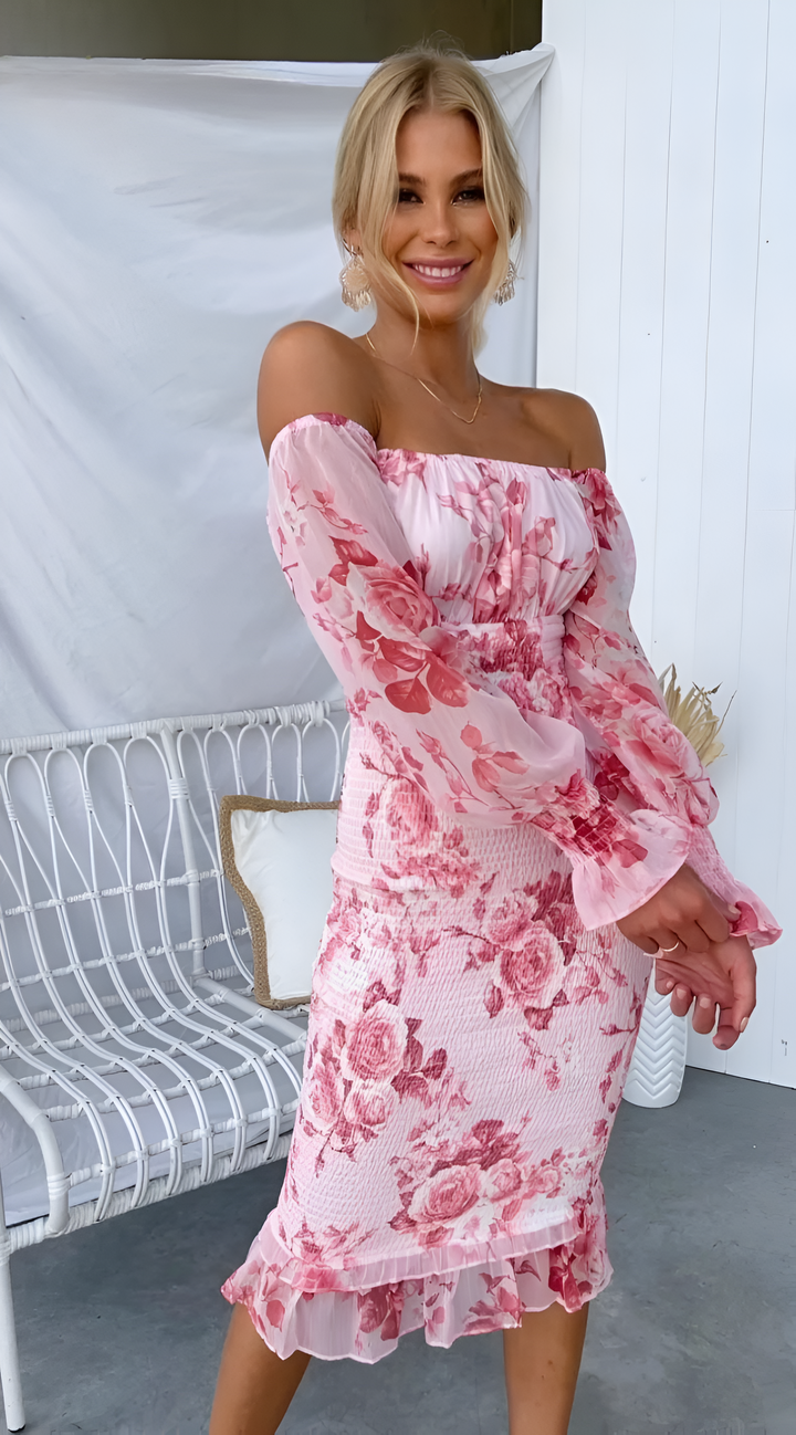 Nadia - Midi-Kleid mit schulterfreien Trägern und figurbetontem Design