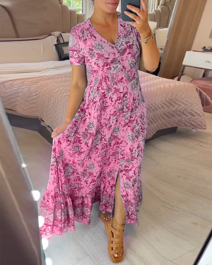 Ellie - Elegantes plissiertes V-Ausschnittkleid mit floralem Design