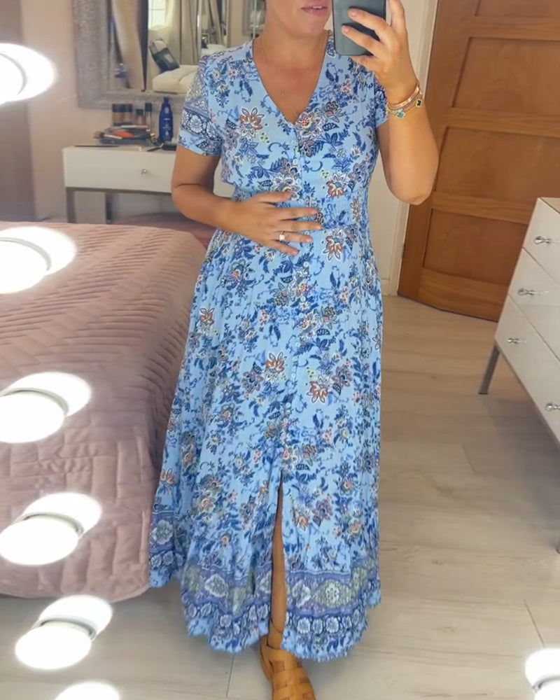 Ellie - Elegantes plissiertes V-Ausschnittkleid mit floralem Design