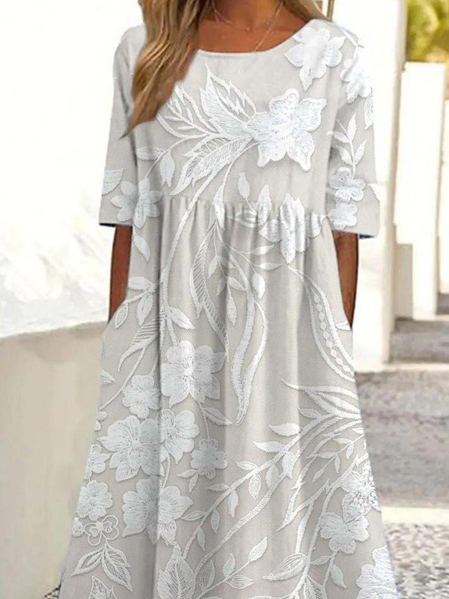 Dovie - Langärmliges Blumenkleid mit Klassischem Design und 3/4-Ärmeln