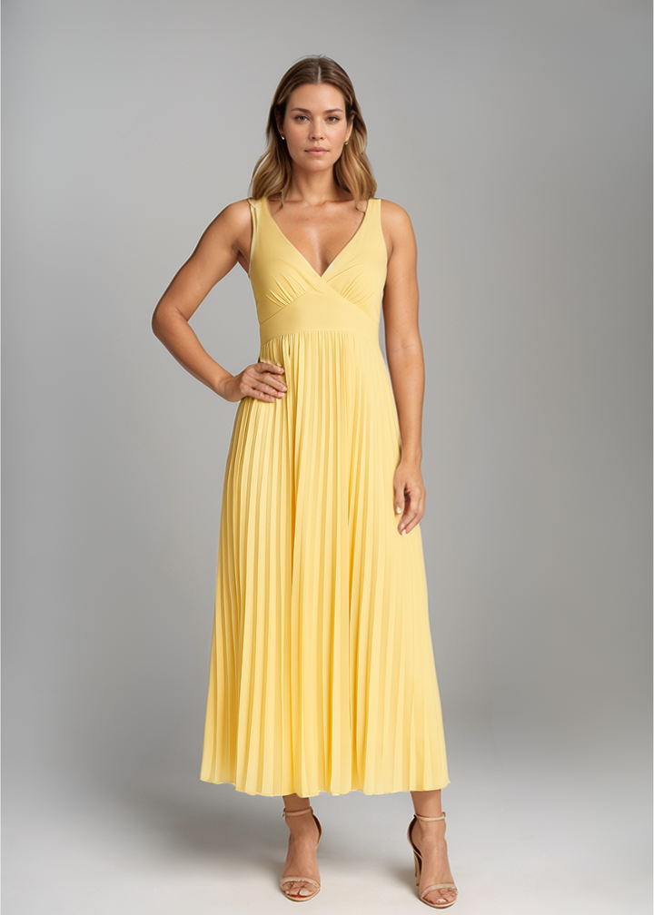 MAYLORA™ | Plissiertes Midikleid mit V-Ausschnitt