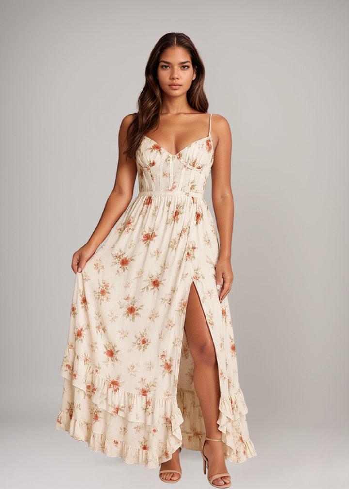 MAYLORA™ | Maxikleid mit Rüschen und floralem Design
