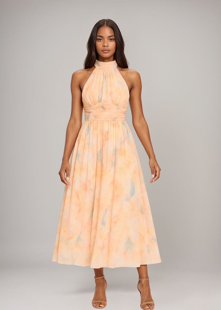 MAYLORA™ | Maxikleid mit gebundenem Kragen und floralem Aquarell-Design