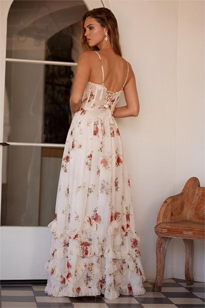 MAYLORA™ | Maxikleid mit Rüschen und floralem Design