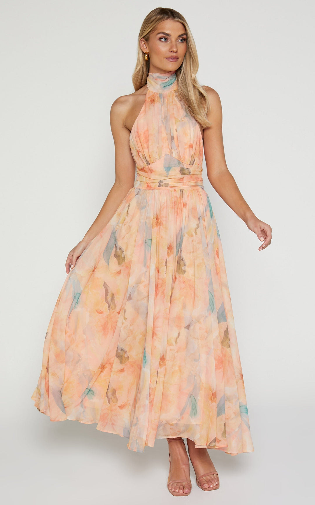 MAYLORA™ | Maxikleid mit gebundenem Kragen und floralem Aquarell-Design