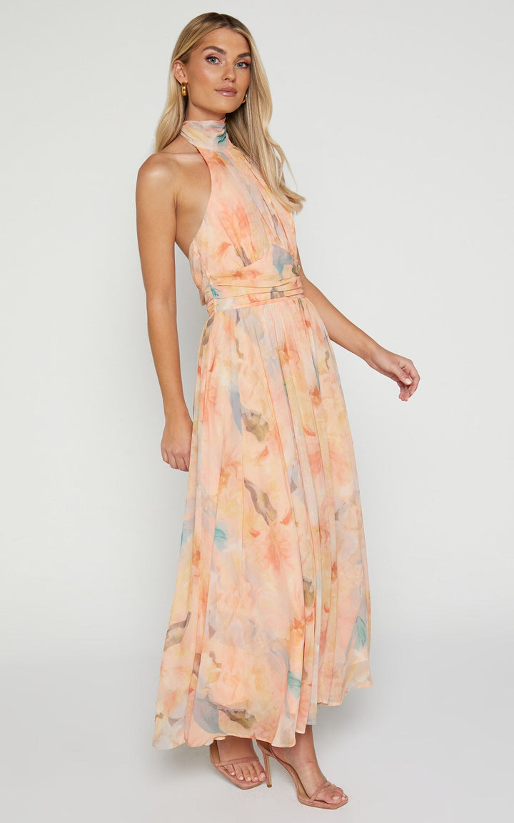 MAYLORA™ | Maxikleid mit gebundenem Kragen und floralem Aquarell-Design