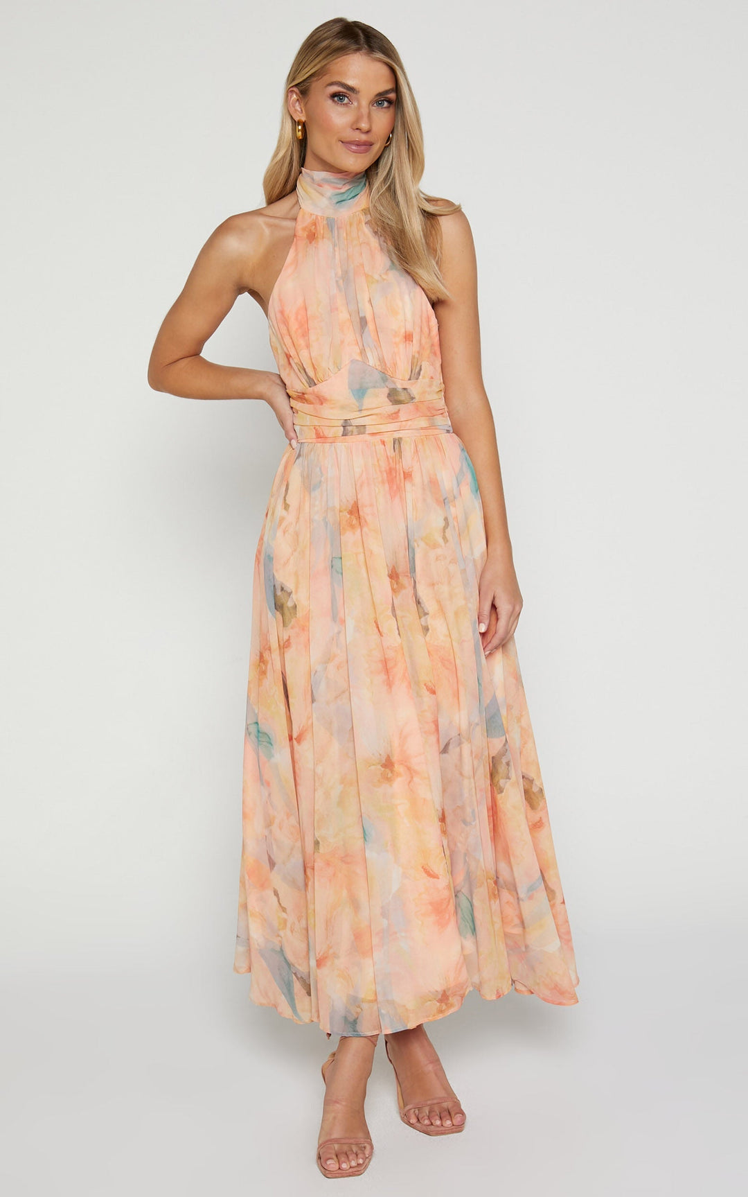 MAYLORA™ | Maxikleid mit gebundenem Kragen und floralem Aquarell-Design
