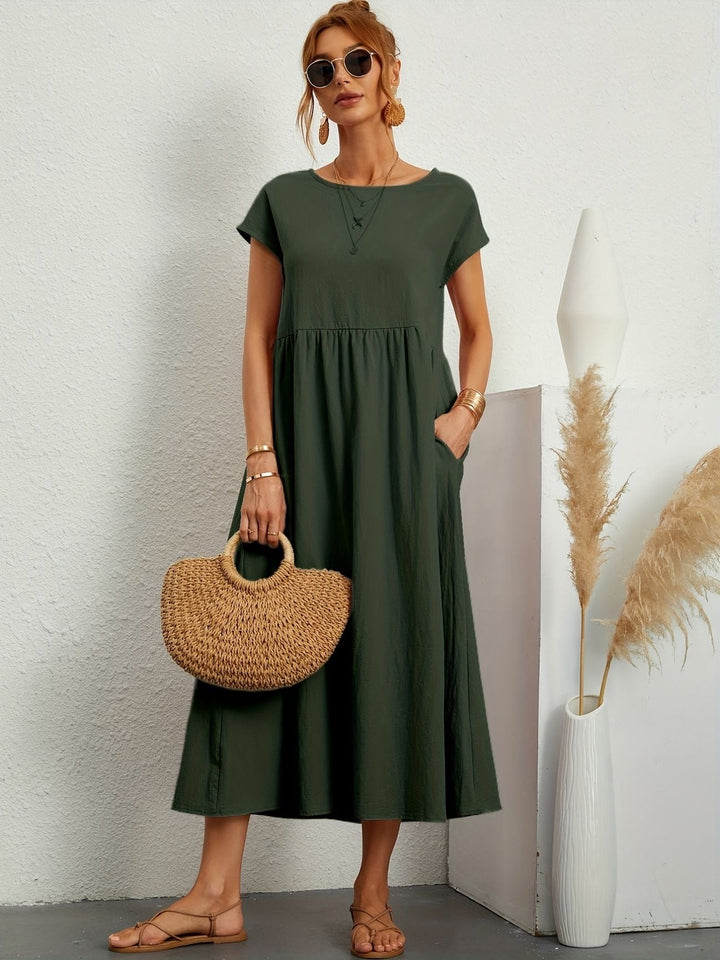 "Kimber - Midi-Relaxed Kleid mit Rundhalsausschnitt" could be rewritten as "Kimber - Midi-Relaxed Kleid mit Rundhalsdesign".