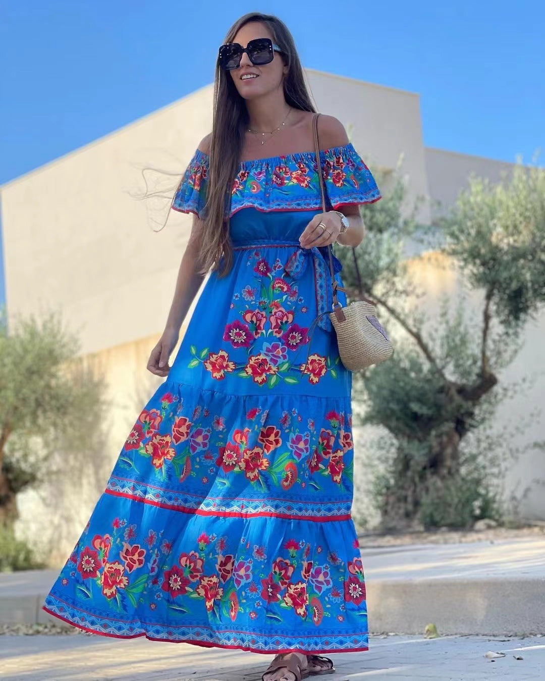Oceana - Langes Bedrucktes Kleid mit Schnürdetails