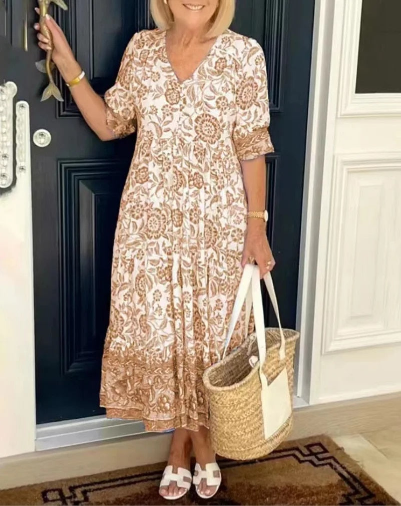 Luna - Stilvolles V-Ausschnitt Kleid mit eleganten Blumenmuster