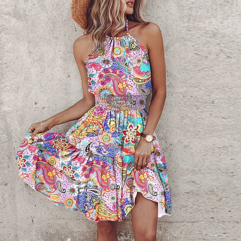 Marlowe - Bunte V-Ausschnitt Midi-Boho-Kleid