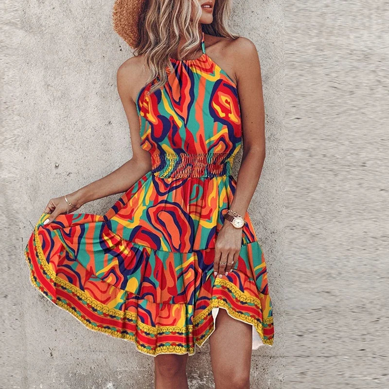 Marlowe - Bunte V-Ausschnitt Midi-Boho-Kleid