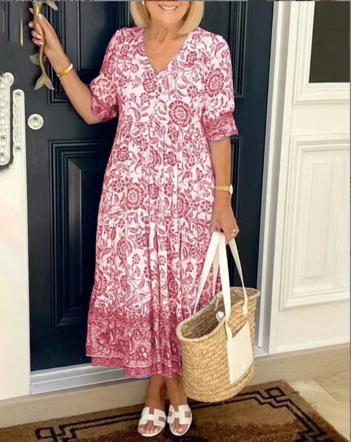 Luna - Stilvolles V-Ausschnitt Kleid mit eleganten Blumenmuster