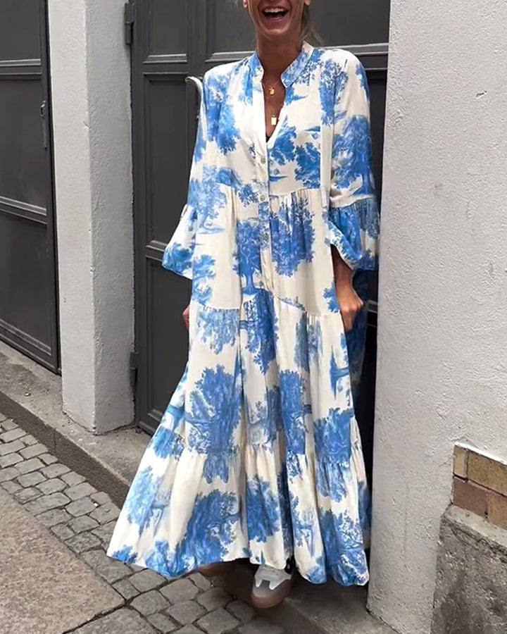 Giavanna - Lange bedruckte Kleid mit weit ausgestellten Ärmeln