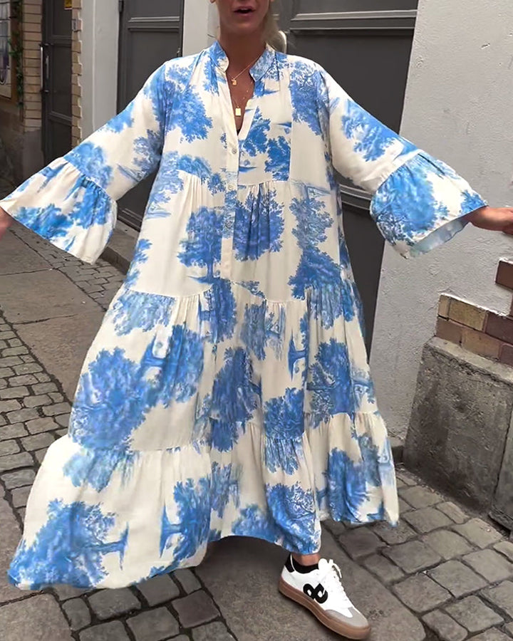 Giavanna - Lange bedruckte Kleid mit weit ausgestellten Ärmeln
