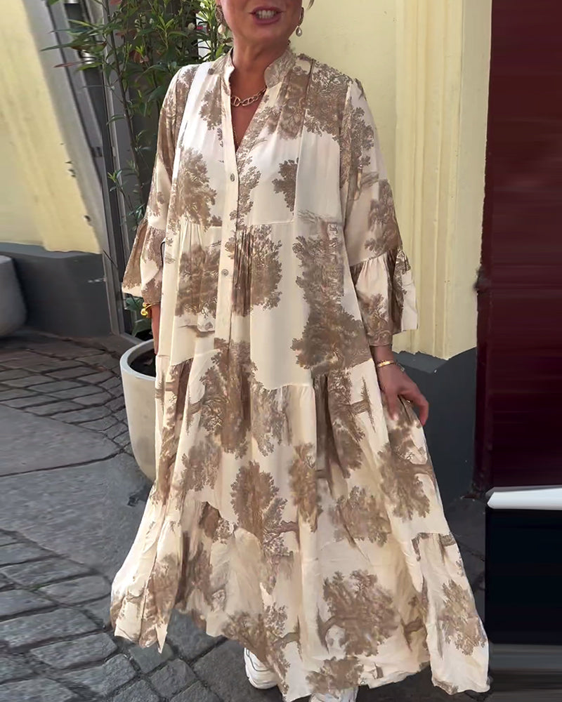 Giavanna - Lange bedruckte Kleid mit weit ausgestellten Ärmeln