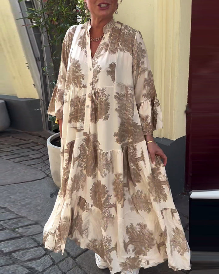 Giavanna - Lange bedruckte Kleid mit weit ausgestellten Ärmeln
