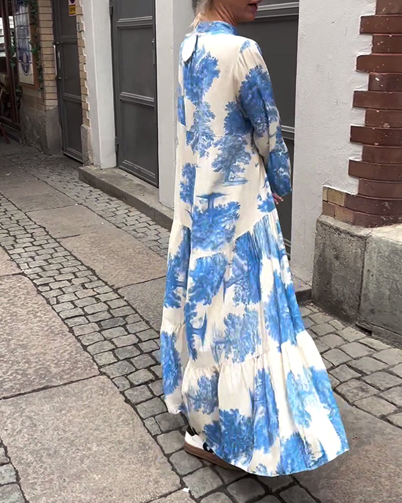 Giavanna - Lange bedruckte Kleid mit weit ausgestellten Ärmeln