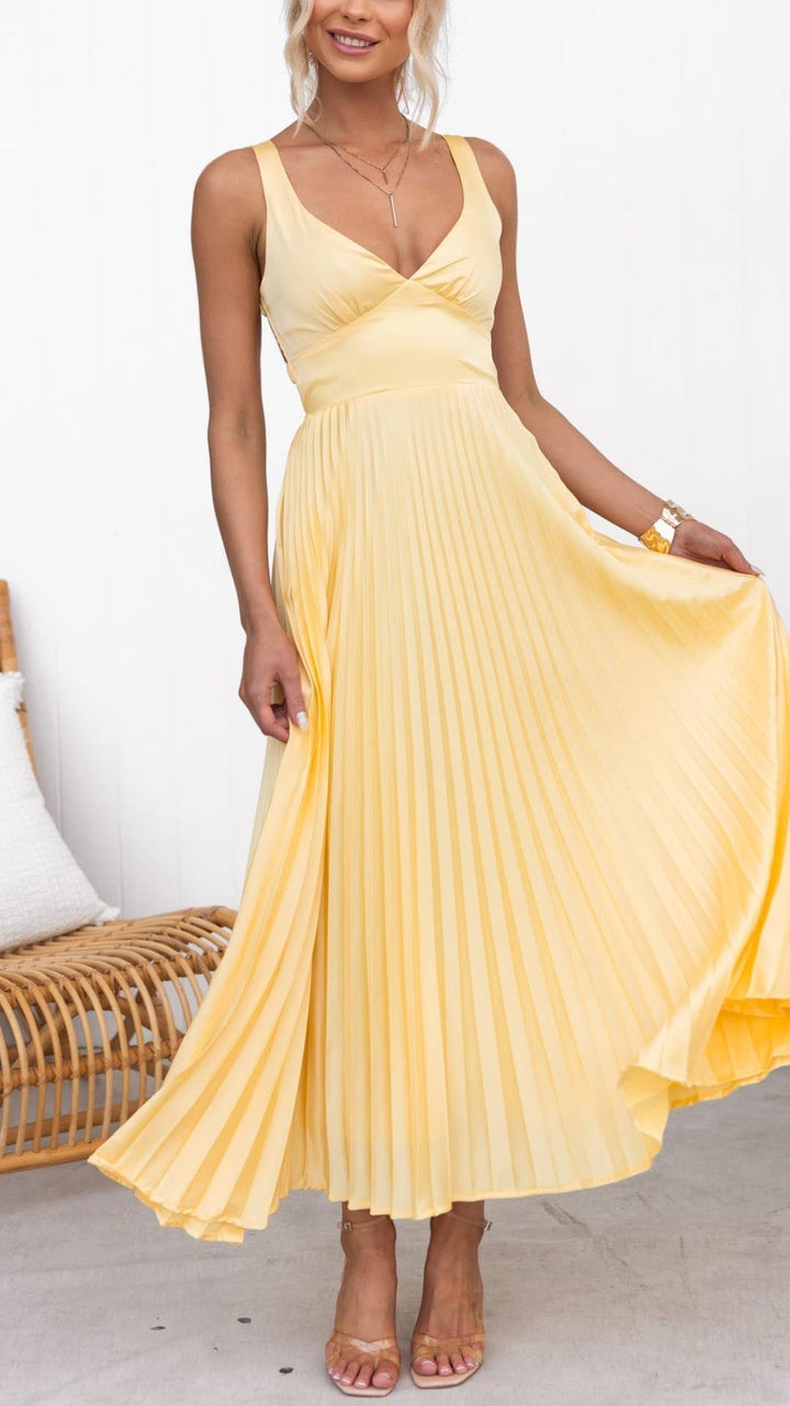 MAYLORA™ | Plissiertes Midikleid mit V-Ausschnitt