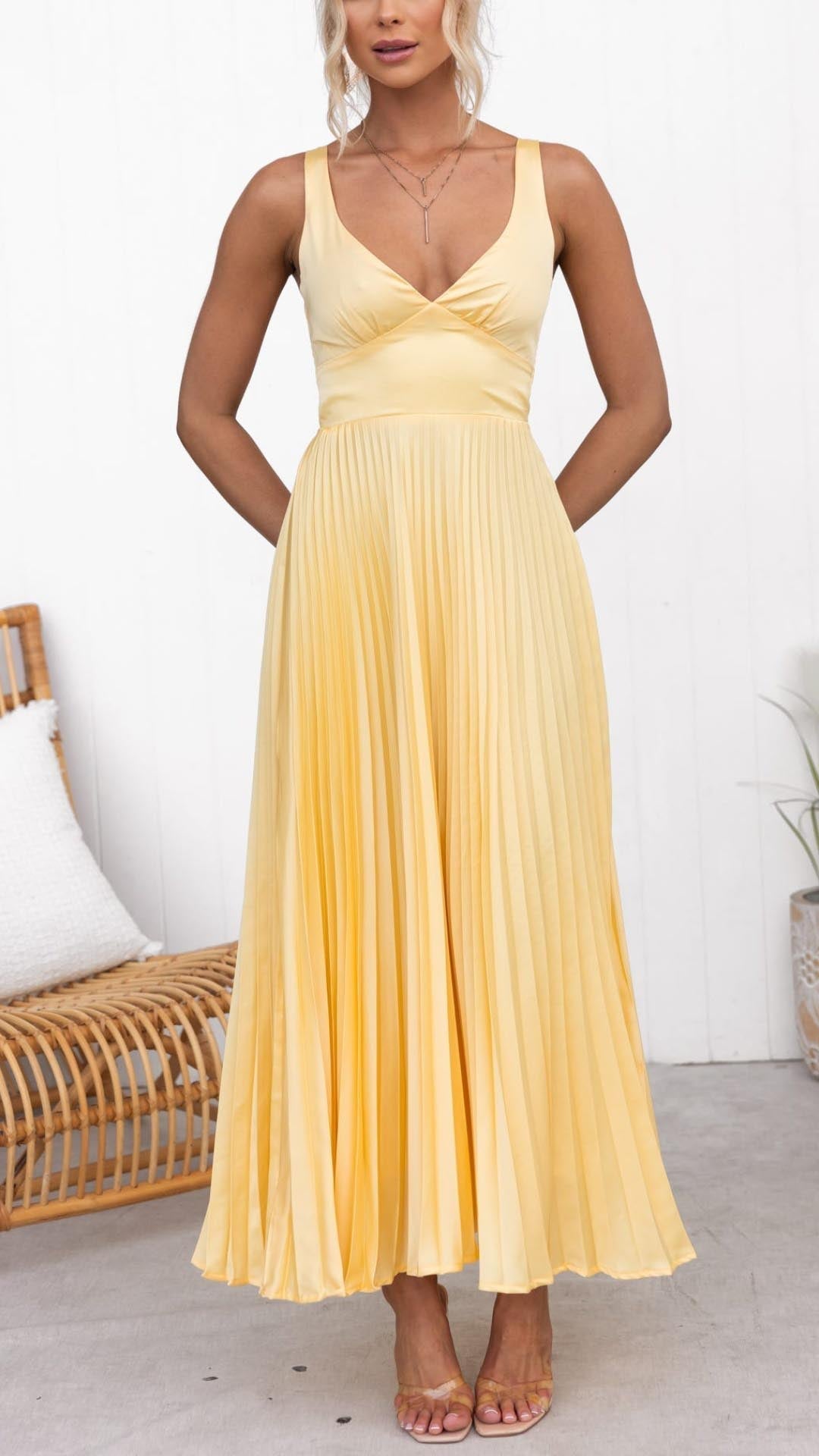 MAYLORA™ | Plissiertes Midikleid mit V-Ausschnitt