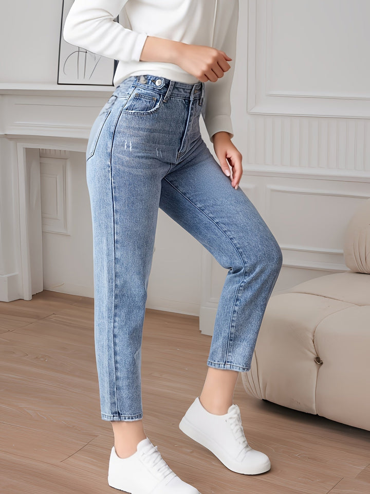 MAYLORA -  Einfarbige Hohe Taille Jeans in Gewaschenem Blau