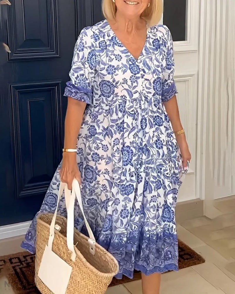Luna - Stilvolles V-Ausschnitt Kleid mit eleganten Blumenmuster