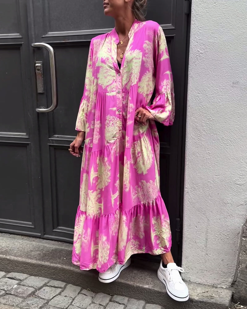 Giavanna - Lange bedruckte Kleid mit weit ausgestellten Ärmeln