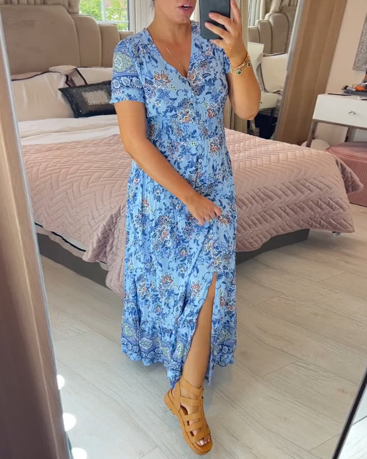 Ellie - Elegantes plissiertes V-Ausschnittkleid mit floralem Design