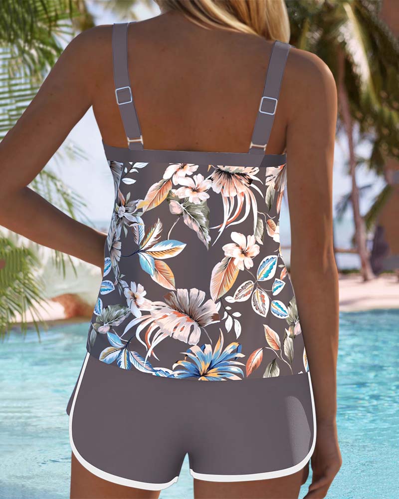Ärmelloser Tankini mit U-Ausschnitt und Musterdesign