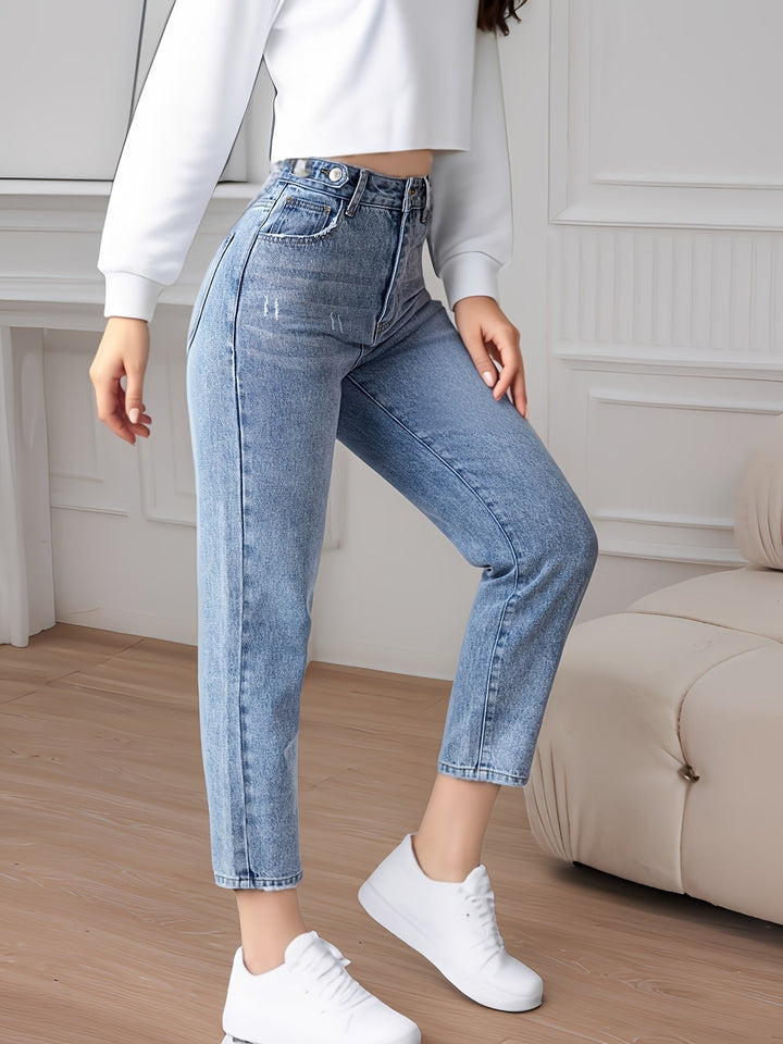 MAYLORA -  Einfarbige Hohe Taille Jeans in Gewaschenem Blau
