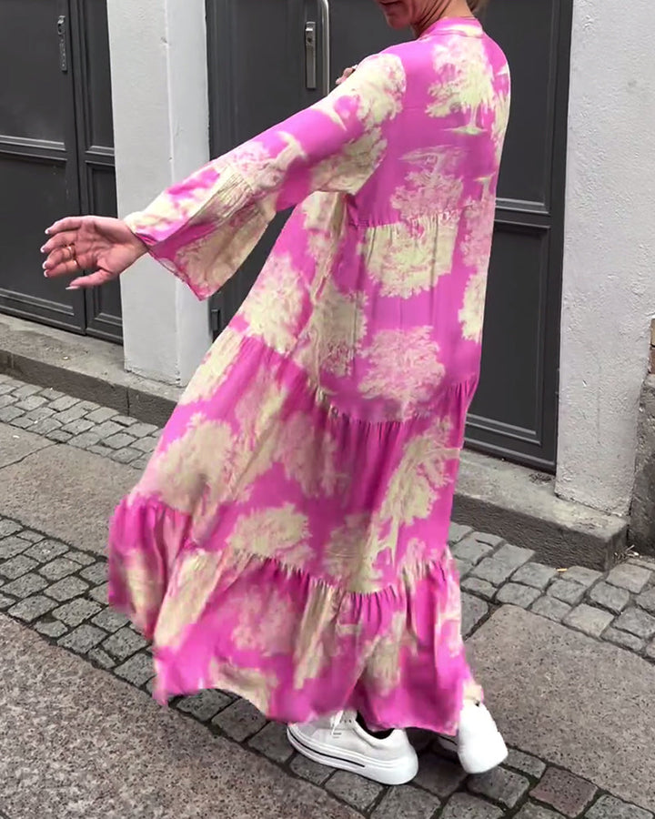 Giavanna - Lange bedruckte Kleid mit weit ausgestellten Ärmeln
